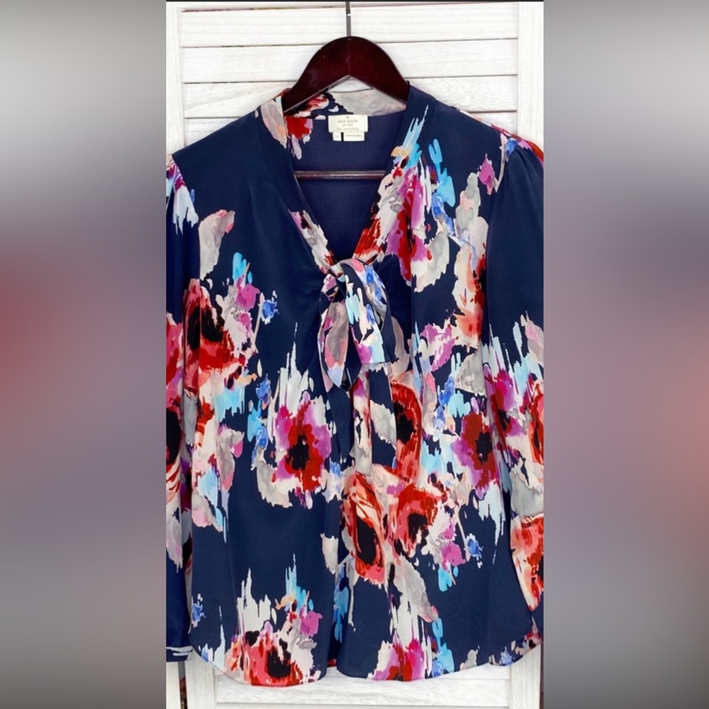 Kate Spade Watercolor Floral Tie Neck Silk Blouse Blue Multi Large